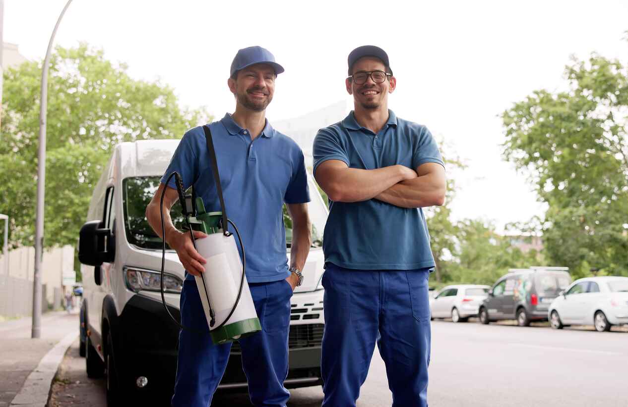 two pest control workers standing in front of their van