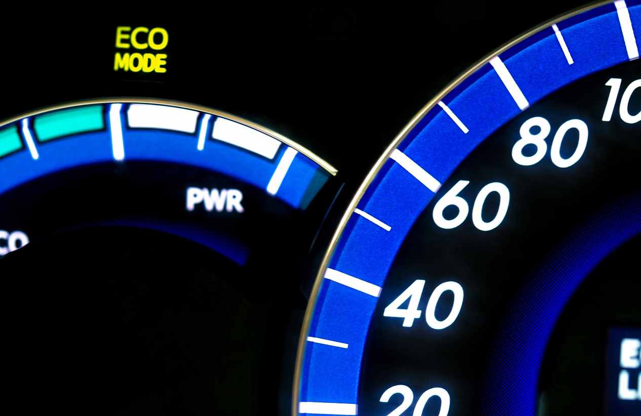 close up of car speed and eco mode panels
