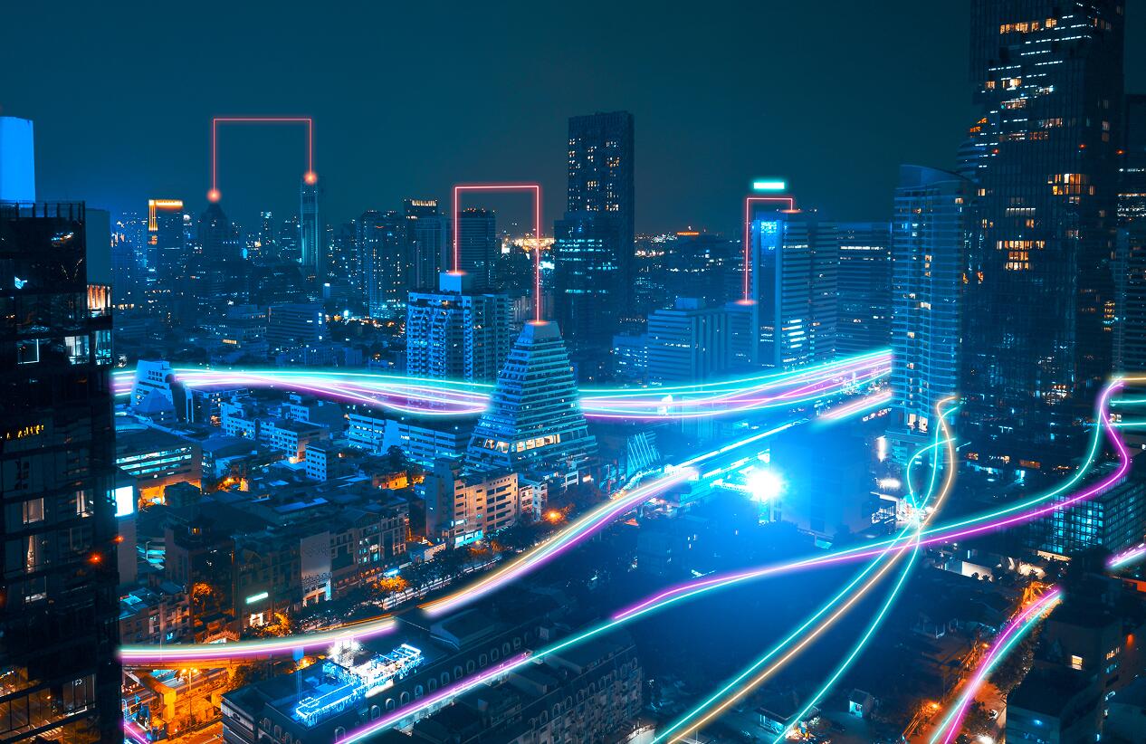 aerial view of a city scape with movement lines running across and between the buildings