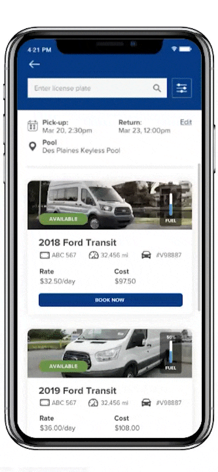 animation of the Pool Checkout app showcasing the shared vehicle scheduling feature