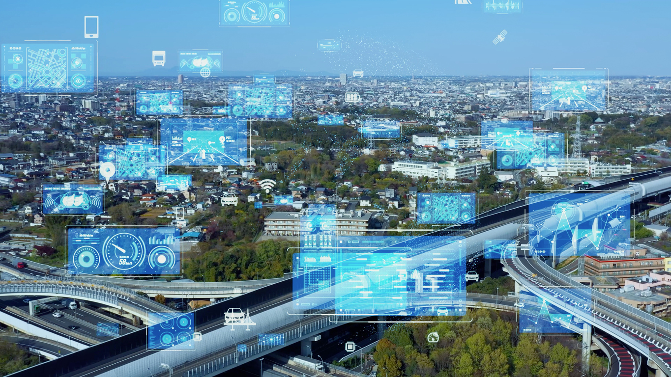 Landscape image with computer screens