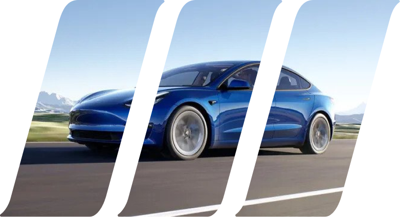 Blue tesla driving on the road in a mountainous landscape