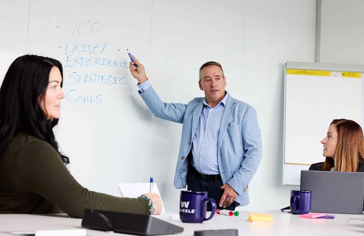 wheels employees white boarding in a conference room together