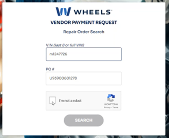 vendor portal screen, inputting VIN and PO number