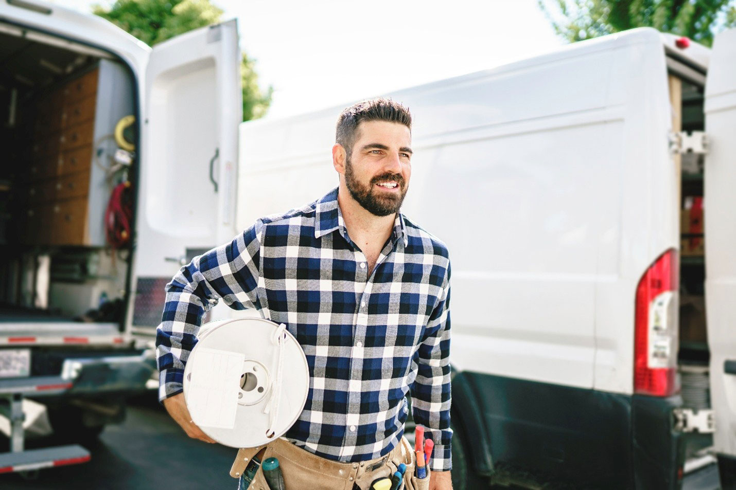Employee by van