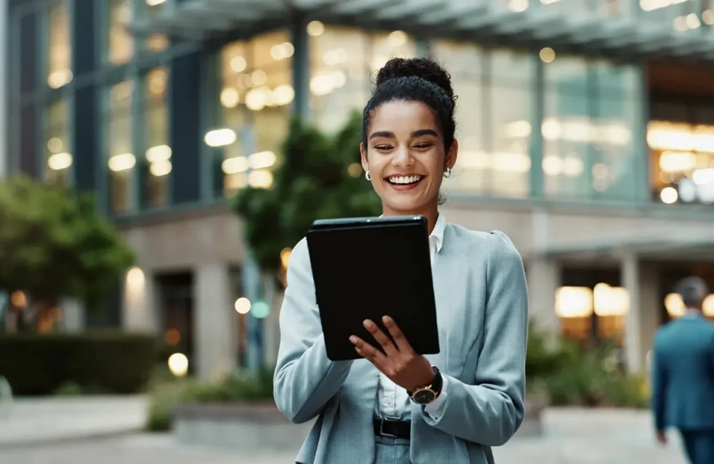 woman standing outside of a building smiling with an ipad
